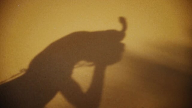 Hand creating peacock shadow puppet on wall