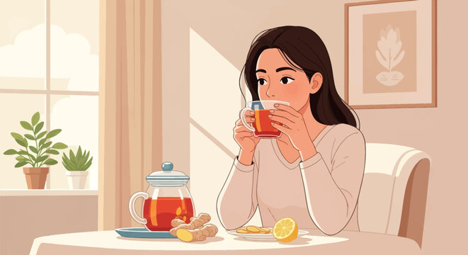 Vector illustration of a woman drinking herbal tea from a glass mug at a table with a teapot, ginger root, lemon slices, and potted plants near a window in a bright room.