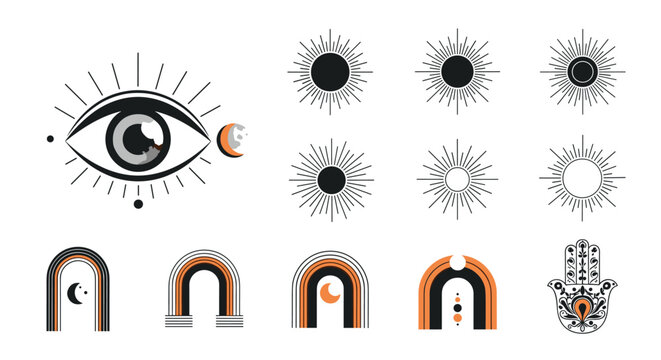 Set of bohemian style celestial icons including an all seeing eye, multiple sun bursts, rainbows, and a hamsa hand on white background.