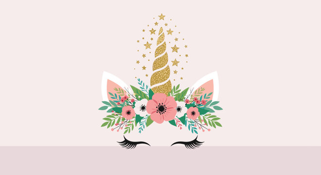 Cute unicorn face illustration with closed eyes, long eyelashes, a golden glitter horn, and a beautiful crown of pink and white flowers.