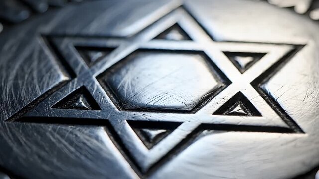 Closeup of a Star of David symbol engraved on metal.