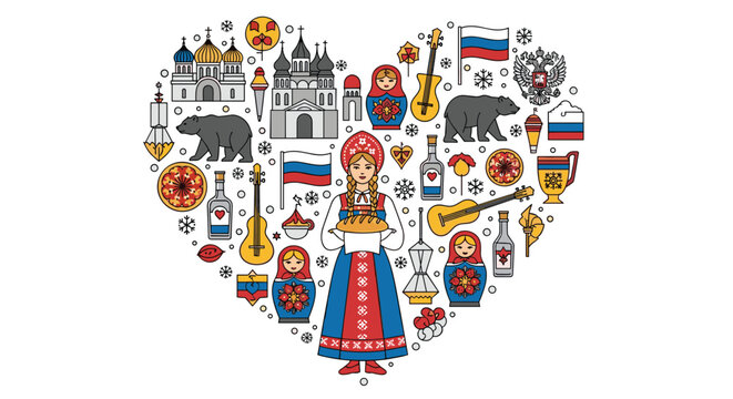 Heart shaped collage of Russian cultural icons including the Kremlin, matryoshka dolls, a bear, the national flag, and traditional items.