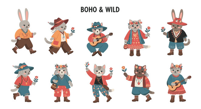 Whimsical set of cute boho style cats and bunnies dressed in colorful ethnic clothing playing musical instruments and holding spring flowers.