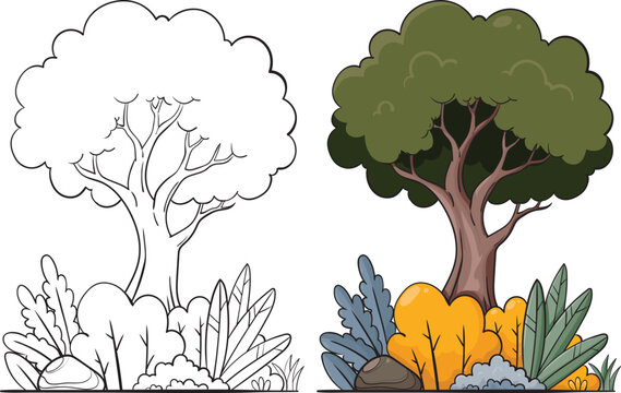  Cute Cartoon Tree Coloring Page and Colored Asset with Autumn Bushes