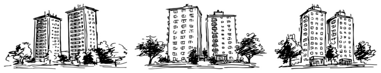 Residential tower blocks and urban apartment buildings in hand drawn sketch style © AdrianGebert