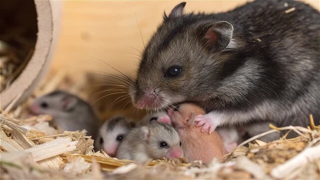 Black-bellied hamster feed newborn pups in their nest ,Vienna, Austria.
