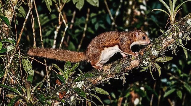 Lesser Giant Flying Squirrel is searching for food at night, Amazon rainforest, Brazil. 