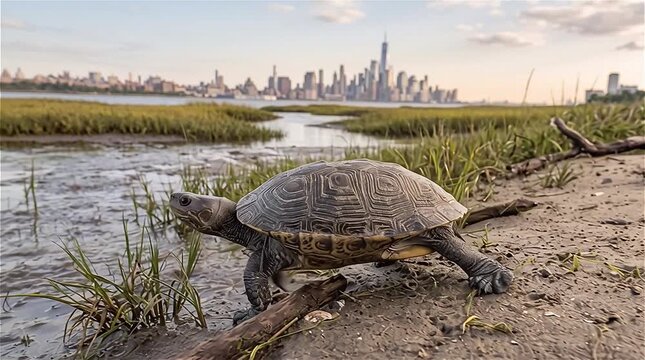 A female diamond-backed terrapin (Malaclemys terrapin) is looking for somewhere to nest, the Hudson estuary, New York, USA.
