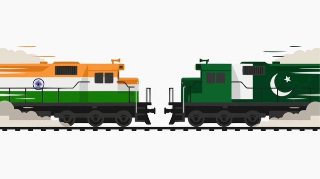 Two Trains on Parallel Tracks: A symbolic depiction of two trains, one adorned with the Indian flag and the other with the Pakistani flag, running side-by-side on separate tracks.