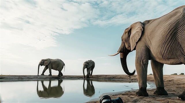 The elephant family find drinking water at night, Hwange National Park, Zimbabwe. 