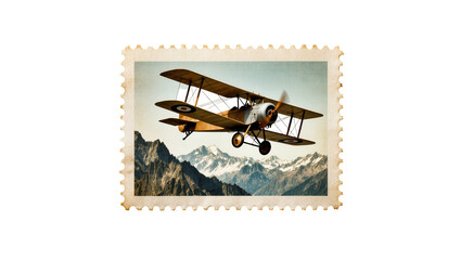 Isolated vintage biplane flying over majestic snowy mountains on an old postage stamp design © Aoife