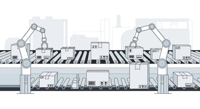 Automated factory production line with robotic arms and conveyor belts moving boxes.