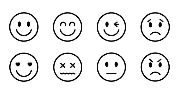 Minimalist emoji line icons set, collection of 8 black outline smiley faces, emotional character expressions for feedback and customer satisfaction