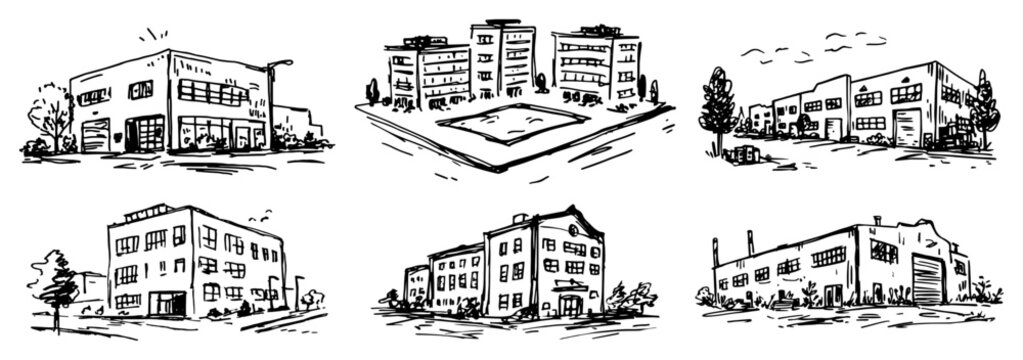 Industrial warehouse buildings and commercial utility structures hand drawn sketch set