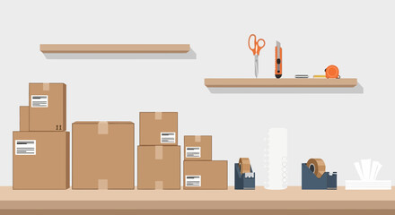 Fototapeta premium Cardboard Boxes and Shipping Supplies on a Shelf - Ready for Delivery