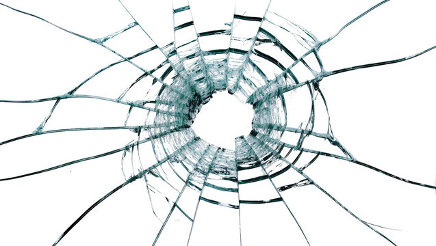 Isolated abstract shattered glass with a central impact hole and numerous radiating crack lines