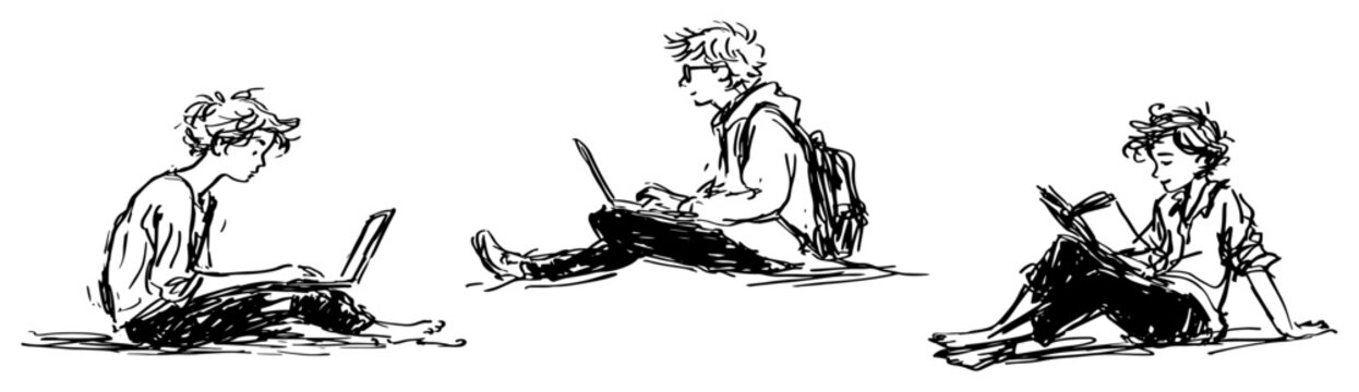Young students using laptops and reading books in minimalist ink style