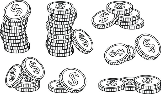 Detailed black and white line art illustration of dollar coin stacks under flat lighting representing wealth and success.