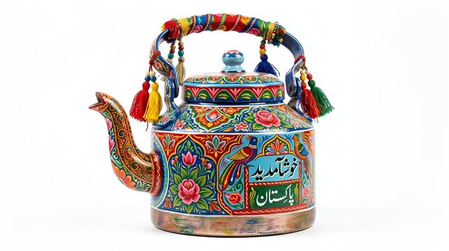 Title: Traditional pakistani truck art teapot vibrant hand painted colorful floral patterns and tassels isolated on a clean white background creative cultural heritage souvenir