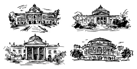 Classical grand buildings and neoclassical architecture with domes in hand drawn sketch style © AdrianGebert