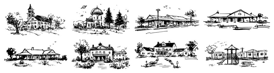 Naklejka premium Small town landmarks and community buildings in hand drawn sketch style