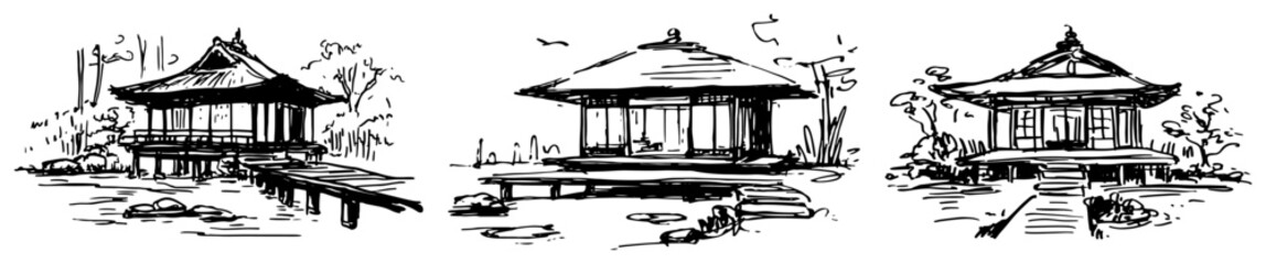 Traditional Japanese tea houses and oriental pavilion architecture in hand drawn sketch style © AdrianGebert