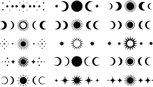 Mystical collection of black celestial moon phases suns and stars icons arranged in rows against a clean white background.