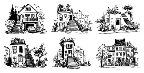 Fototapeta premium Urban townhouses and city residential buildings with stairs in hand drawn sketch style