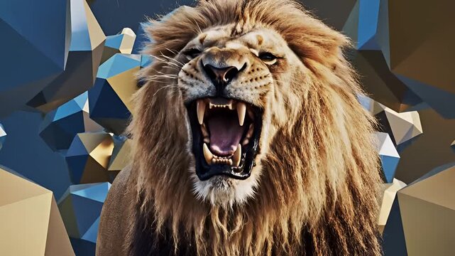 Majestic Lion Roaring with Fierce Expression and Geometric Background.