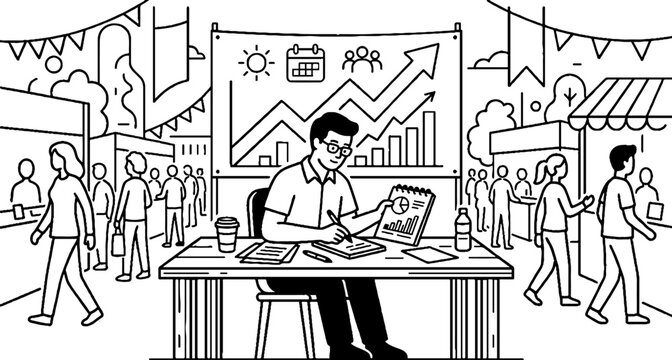 Market vendor analyzing sales data and performance charts