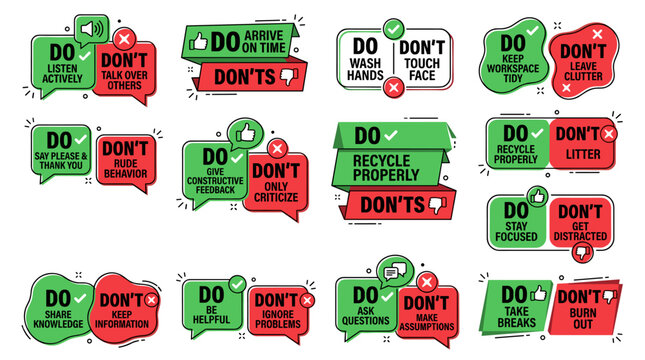 Set of do and don't speech bubble stickers. good and bad habits behavior icon signs.