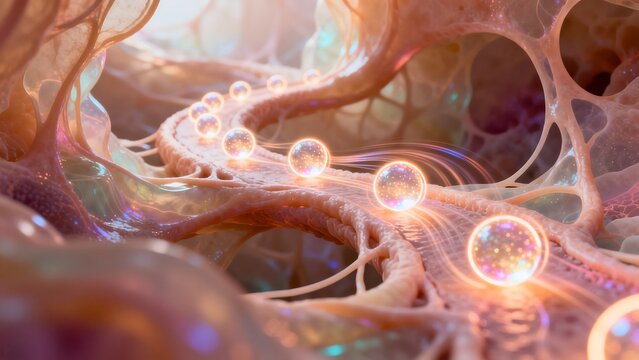 Biological cell structure with glowing spheres
