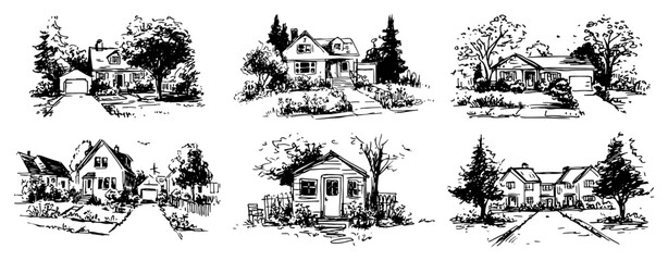Obraz premium Suburban residential houses and family homes collection in hand drawn sketch style