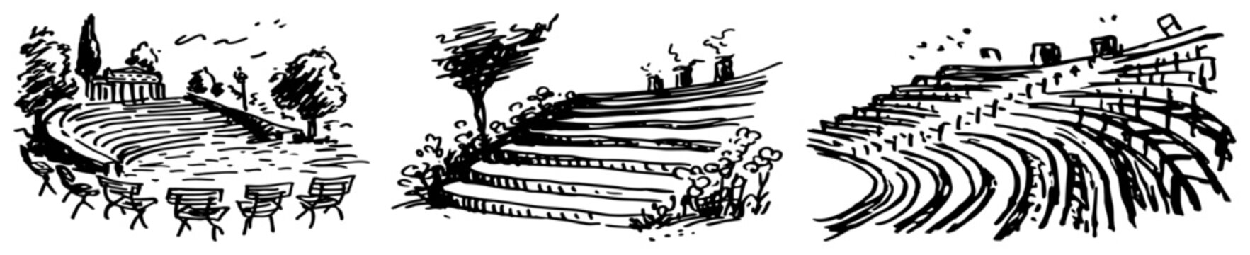 Public park landscapes with amphitheater seating and outdoor stairs in hand drawn sketch style