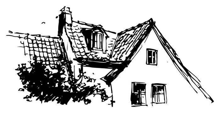 Traditional house roof with dormer window hand drawn sketch style