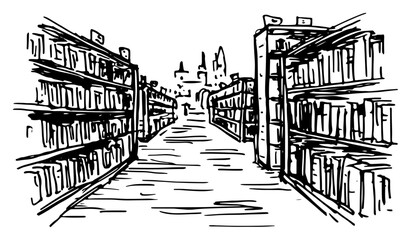 Library bookshelves and quiet reading aisles in perspective hand drawn sketch style © AdrianGebert