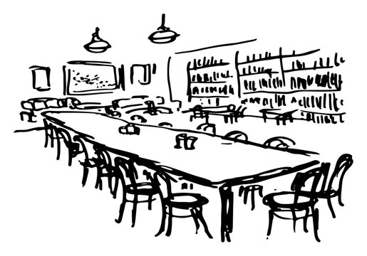 Library interior or study hall with long wooden table and bookshelves in hand drawn sketch style