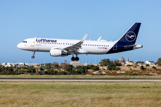 Luqa, Malta - May 16, 2026: Lufthansa Airbus A320-214 (REG: D-AIUP) sorting NEO style winglets.