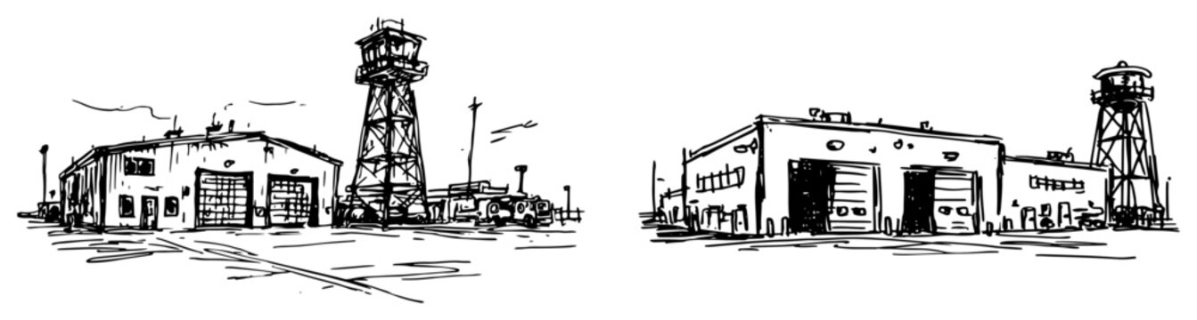 Industrial buildings with watchtowers and warehouse facilities in hand drawn sketch style
