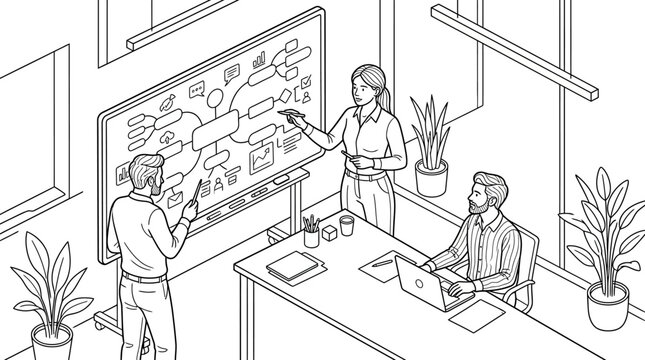 Business Team Brainstorming and Project Planning Illustration with Mind Map on Whiteboard