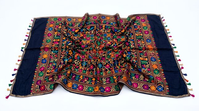 Traditional pakistani phulkari heavy embroidered colorful handmade shawl bridal dupata fabric background texture with intricate floral patterns
