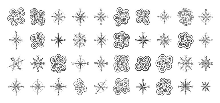 Minimalist nautical compass rose icons and tropical island silhouettes for treasure map navigation design