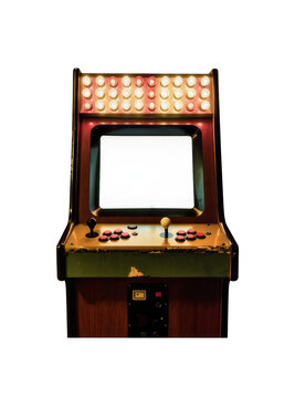 Isolated retro arcade game machine with empty screen, glowing marquee and control panel