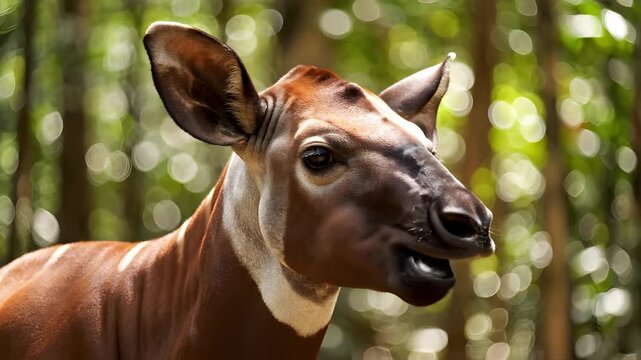 Close up portrait of an Okapi face Okapia johnstoni chewing with large ears and distinctive white and brown markings against a blurred green forest background