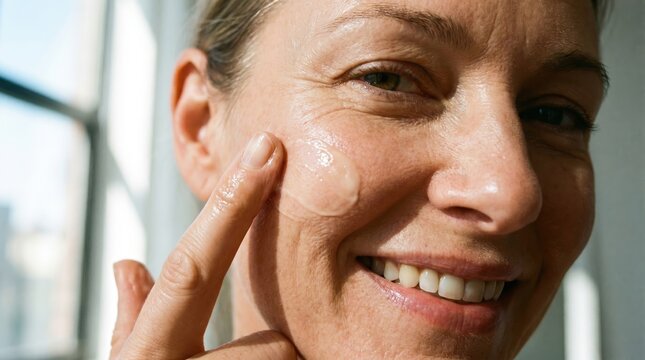 Happy Woman Applying Skincare Product to Face
