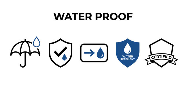 Simple waterproof icons outline blue shield umbrella drops certified emblem for tags.