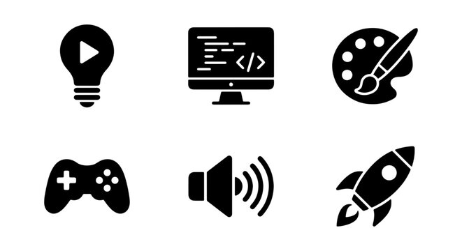 Creative Technology Icons: Lightbulb, Code, Palette, Gamepad, Speaker, Rocket