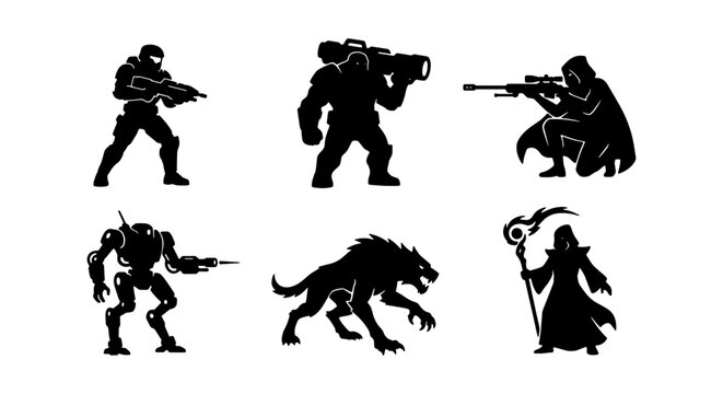 Sci-Fi Warrior Silhouettes, Futuristic Soldier Icons, Fantasy Creature Vector Graphics, Robot Character Art