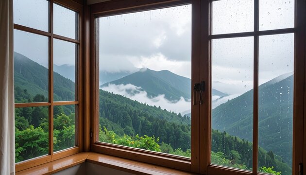 View from a cozy room through a wooden window overlooking a misty green mountain landscape with clouds and trees