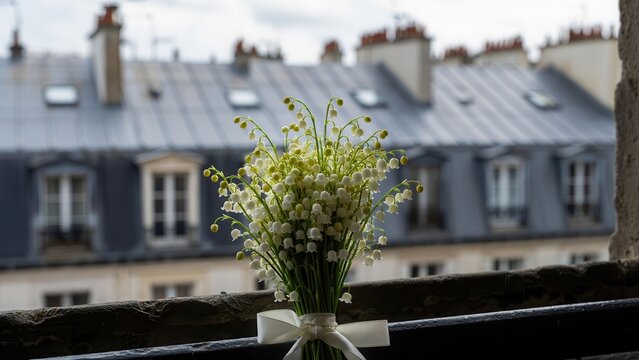 Bouquet of white flowers on a balcony with Parisian rooftops in the background